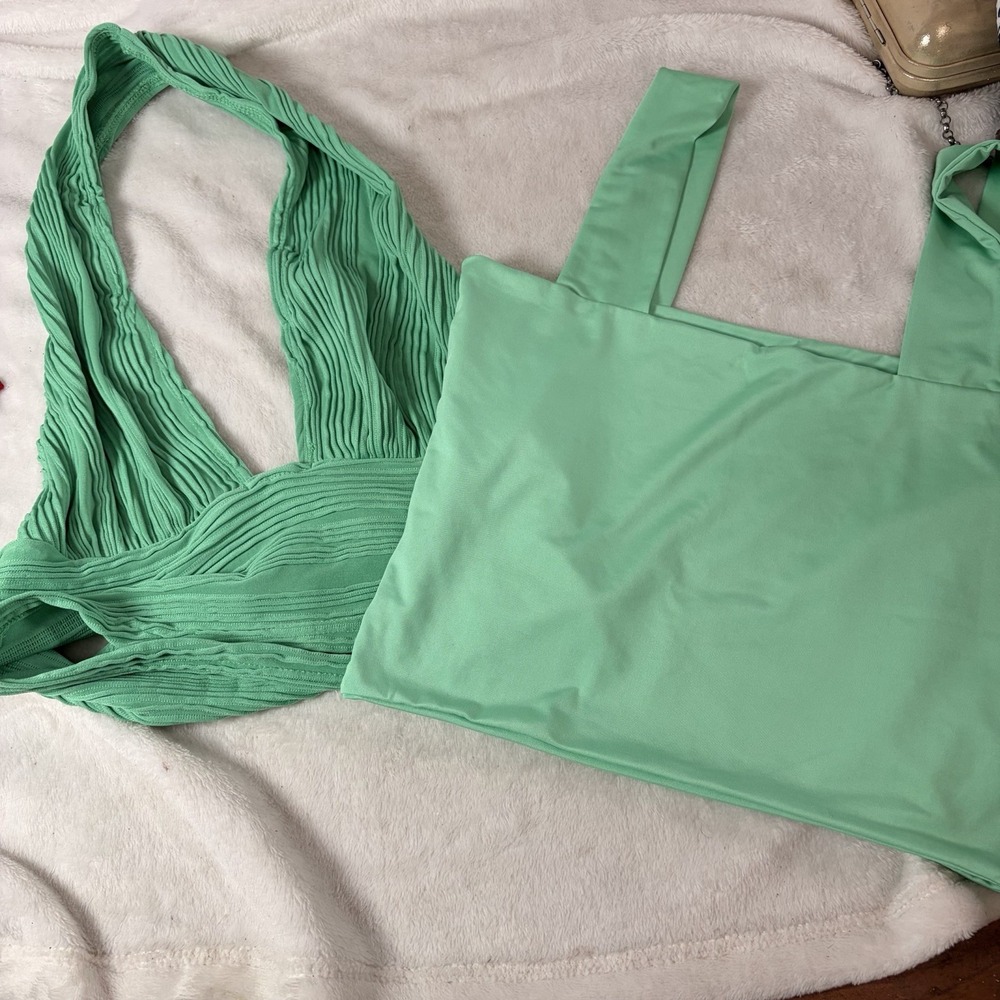 SHEIN Green Crop Top Bundle - Med EUC Halter & Square Neck Tanks Festival Edgy